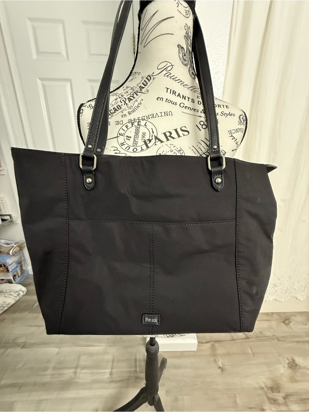 The Sak Black Nylon Tote with Leather Straps